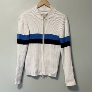 Tory Burch Sport White and Blue Striped Ribbed Double Zip-Up Sweater Cardigan